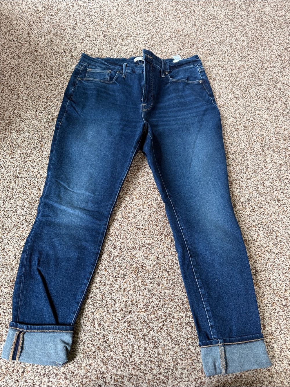 Good American Dark Blue Boyfriend Jeans with Cuffed Hem